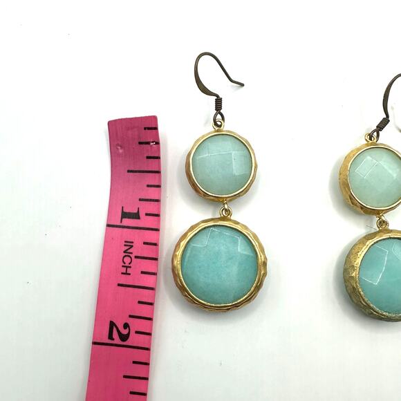 Unbranded Pierced Earrings Teal Green Gold Faceted Drop Dangle Summer Round - Picture 4 of 7